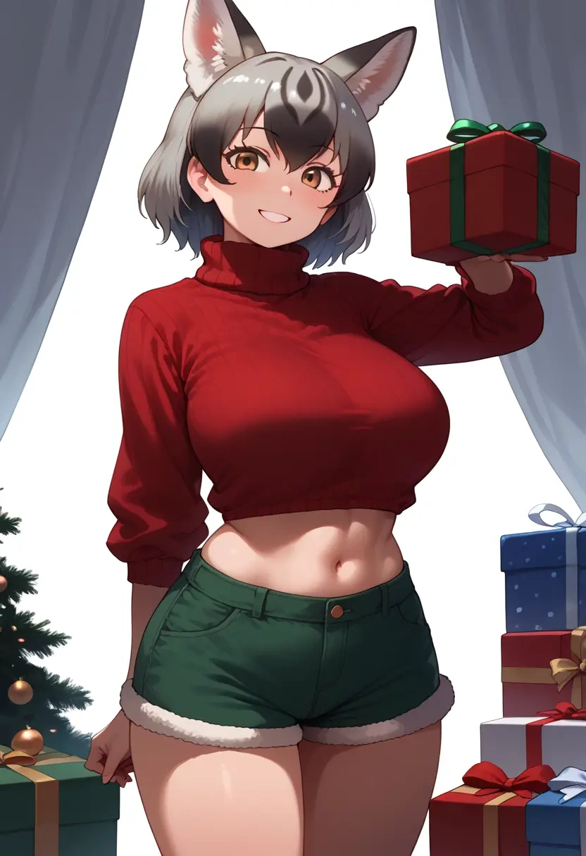 kemono_friends,silver_fox_(kemono_friends),Christmas,red velvet shorts,turtleneck sweater  - 