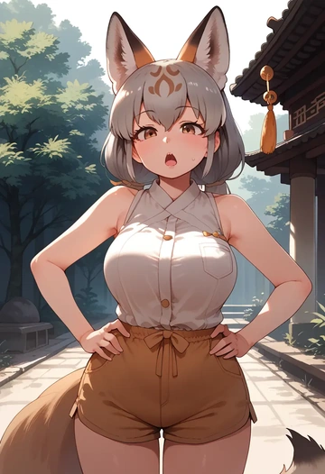 kemono_friends,silver_fox_(kemono_friends),sleeveless swim top,shorts-style bottom,contrast stitching  - AI generated anime art