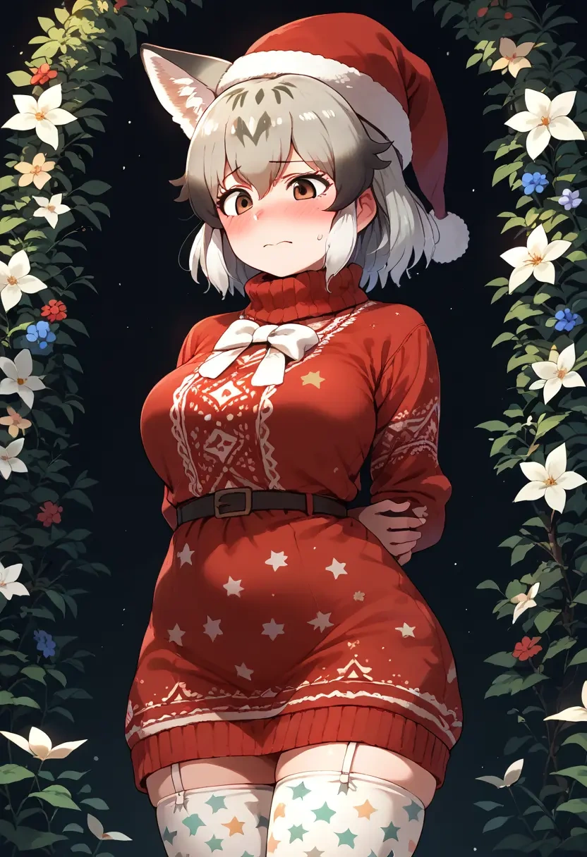 kemono_friends,silver_fox_(kemono_friends),Christmas,sweater dress,stockings  - 