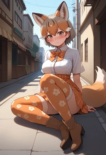 kemono_friends,silver_fox_(kemono_friends),shirt dress,belted,stockings  - AI generated anime art