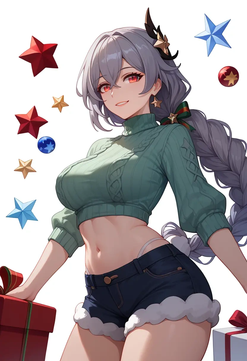 honkai_star_rail,silver_wolf_(honkai_star_rail),Christmas,red velvet shorts,turtleneck sweater  - 