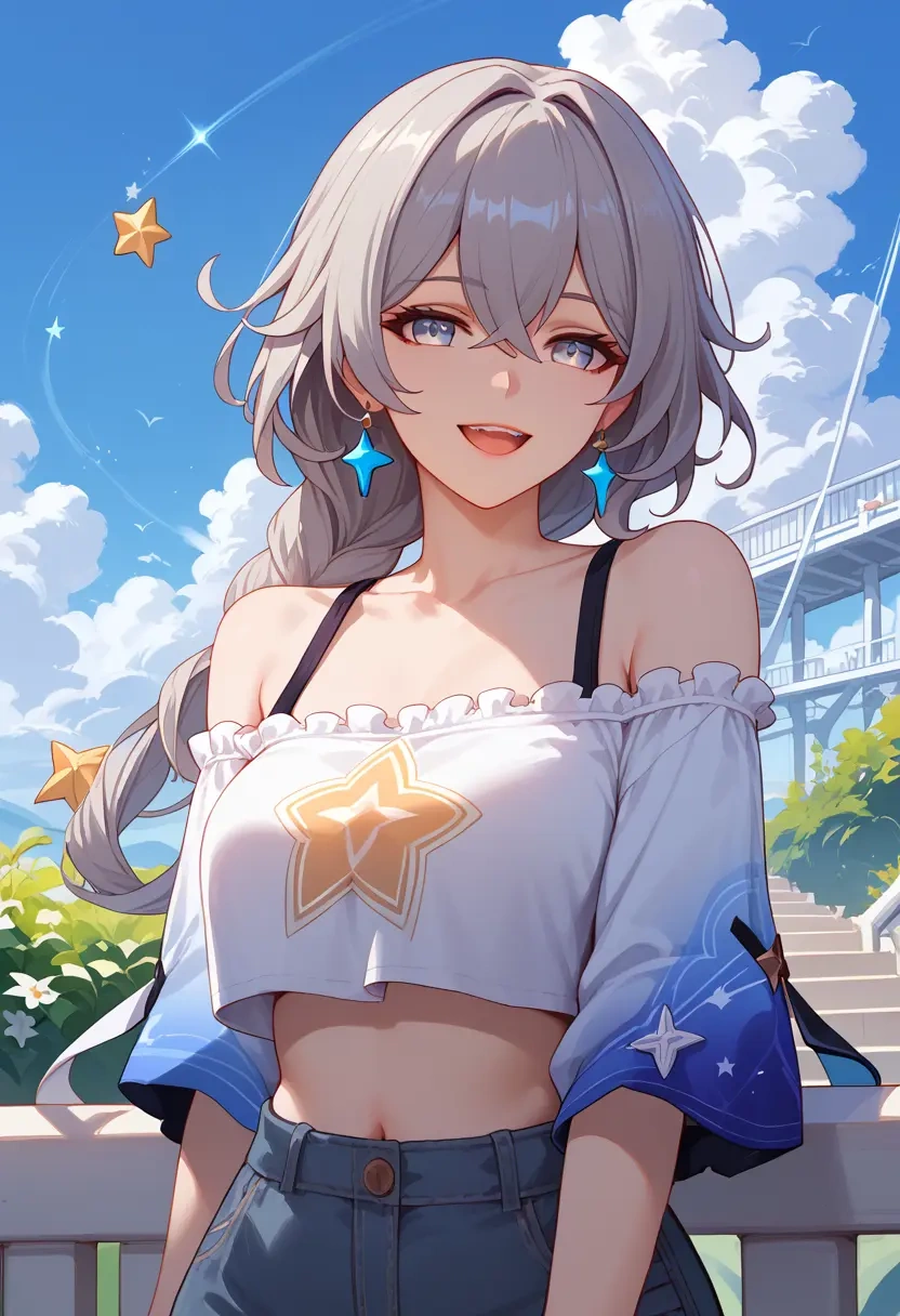 honkai_star_rail,silver_wolf_(honkai_star_rail),off-shoulder top,dolphin shorts  - 