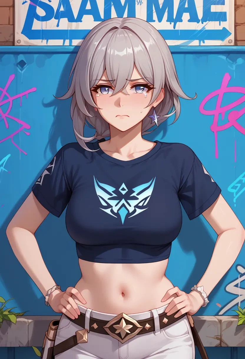 honkai_star_rail,silver_wolf_(honkai_star_rail),crop graffiti tee,dolphin shorts  - 