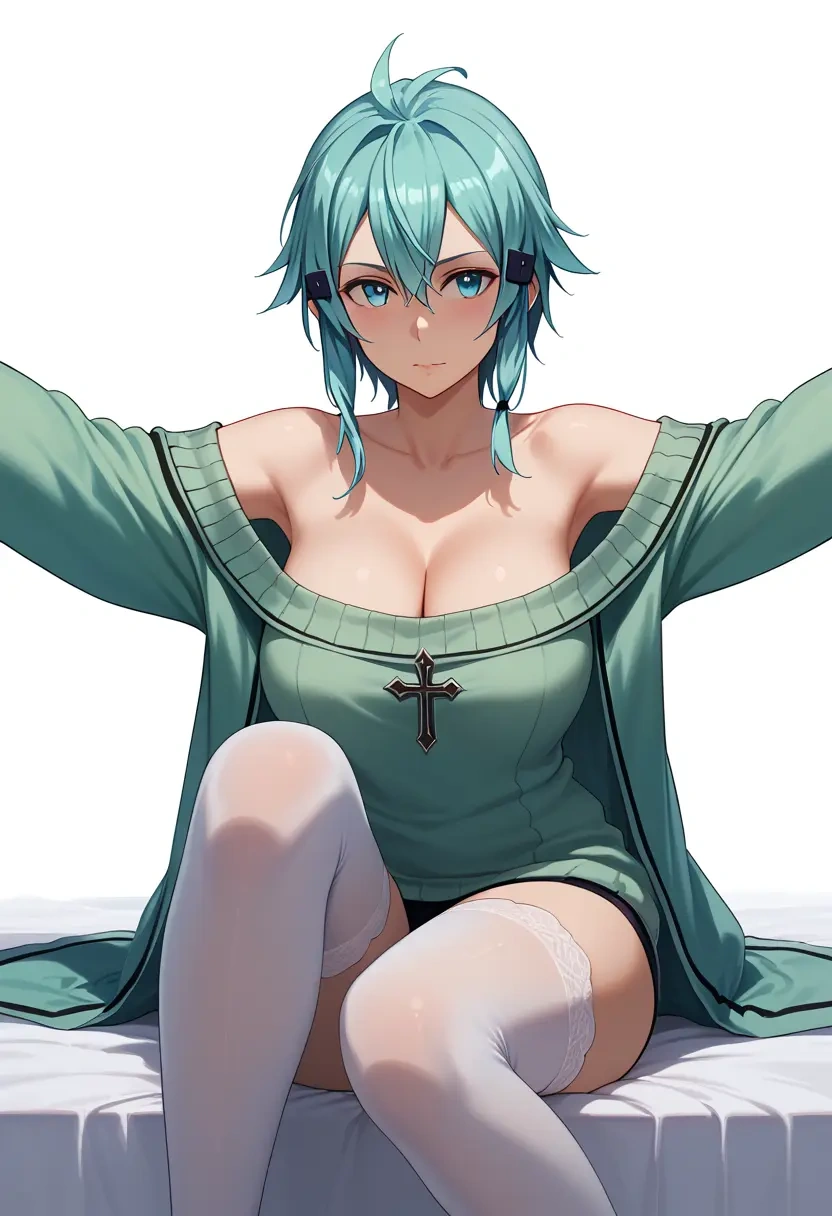 sword_art_online,sinon,cross-legged,off-shoulder,sweater,stockings  - 