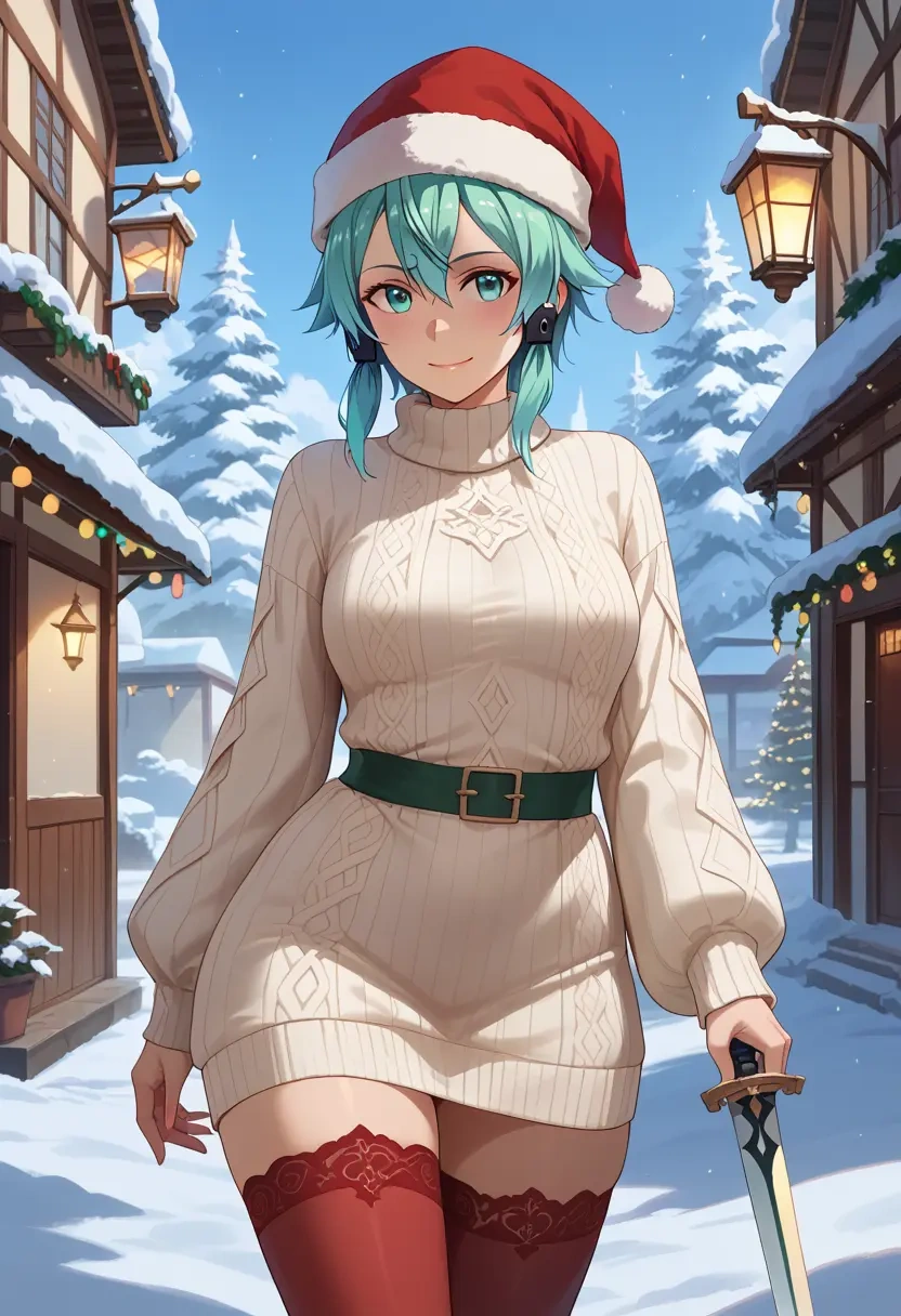 sword_art_online,sinon,Christmas,sweater dress,stockings  - 