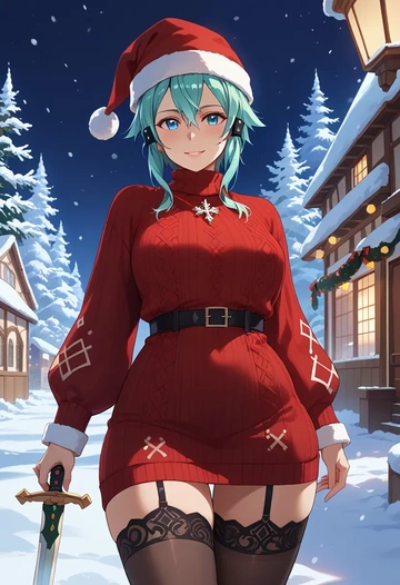 sword_art_online,sinon,sweater,stockings,Thigh garters  - AI generated anime art