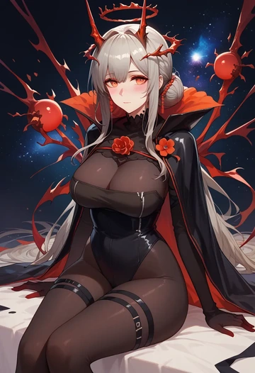 arknights,skadi_the_corrupting_heart_(arknights),black widow bodysuit,spiderweb cape,leather gloves  - AI generated anime art