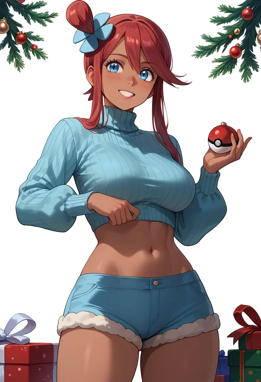 pokemon,skyla_(pokemon),Christmas,red velvet shorts,turtleneck sweater  - 