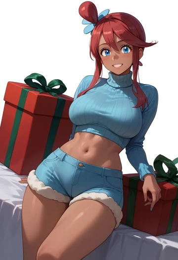 pokemon,skyla_(pokemon),Christmas,red velvet shorts,turtleneck sweater  - AI generated anime art