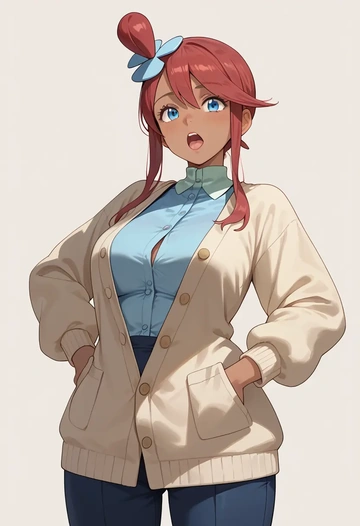 pokemon,skyla_(pokemon),cardigan,oversized,wide-leg pants  - AI generated anime art