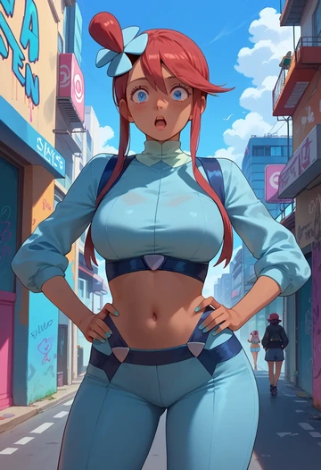 pokemon,skyla_(pokemon),neon graffiti top,dolphin shorts  - AI generated anime art