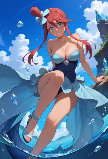 pokemon,skyla_(pokemon),gown,strapless,mermaid silhouette  - AI generated anime art