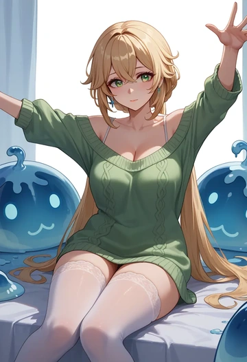 genshin_impact,slime_(genshin_impact),cross-legged,off-shoulder,sweater,stockings  - AI generated anime art