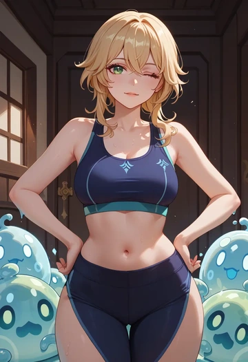 genshin_impact,slime_(genshin_impact),sports bra,wide-leg joggers  - AI generated anime art