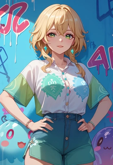 genshin_impact,slime_(genshin_impact),oversized graffiti shirt,dolphin shorts  - AI generated anime art