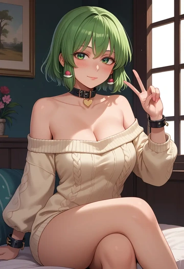 touhou,soga_no_tojiko,blushing,collar,peace sign,off-shoulder,sweater  - AI generated anime art