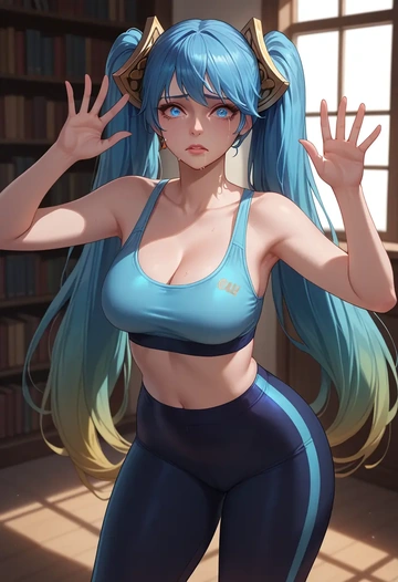 league_of_legends,sona_(league_of_legends),yoga shorts, bra  - AI generated anime art