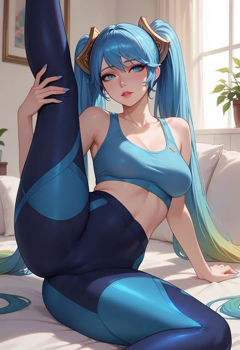 league_of_legends,sona_(league_of_legends),yoga, leggings,spread legs,one leg up,sexy  - 