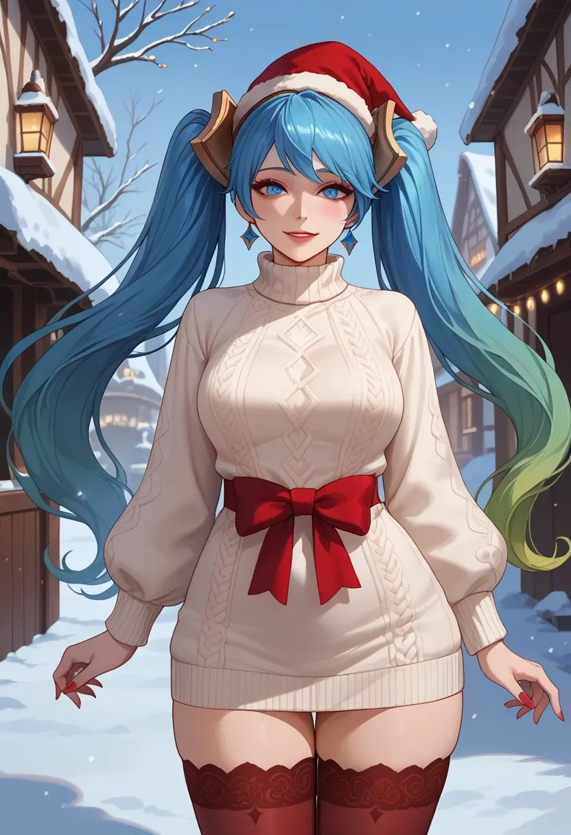 league_of_legends,sona_(league_of_legends),Christmas,sweater dress,stockings  - 