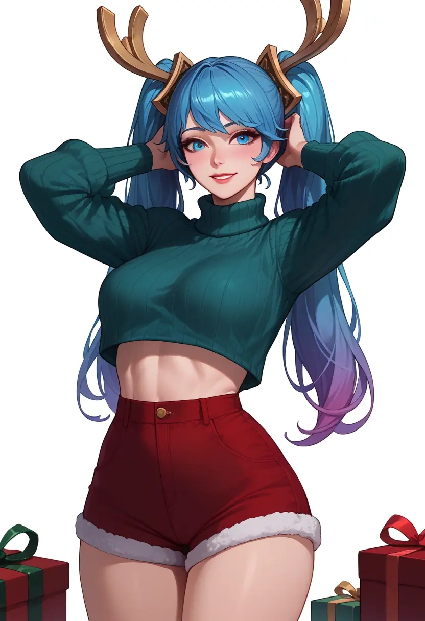 league_of_legends,sona_(league_of_legends),Christmas,red velvet shorts,turtleneck sweater  - 