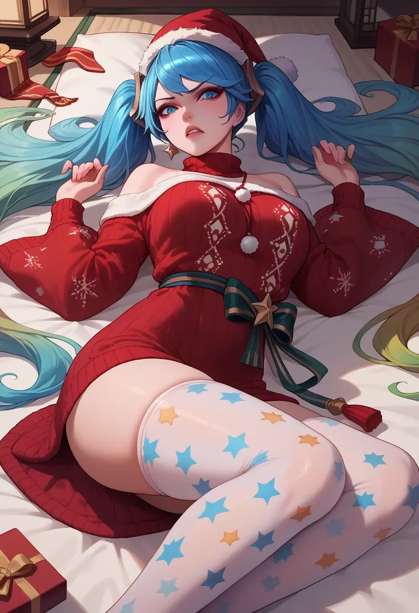 league_of_legends,sona_(league_of_legends),Christmas,sweater dress,stockings  - 