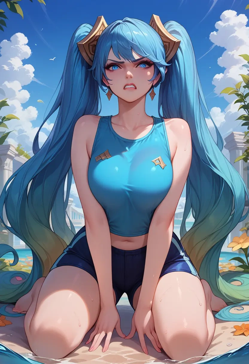 league_of_legends,sona_(league_of_legends),sleeveless swim top,shorts-style bottom,contrast stitching  - 