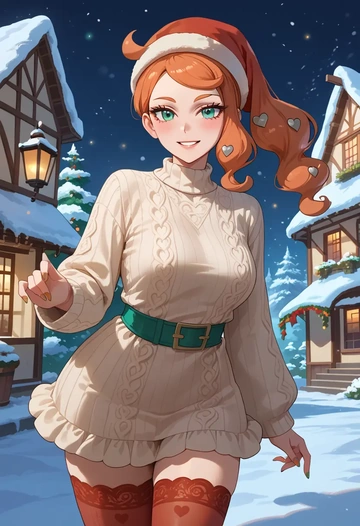 pokemon,sonia_(pokemon),Christmas,sweater dress,stockings  - AI generated anime art