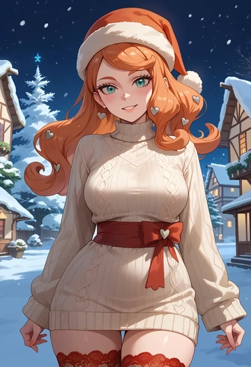 pokemon,sonia_(pokemon),Christmas,sweater dress,stockings  - AI generated anime art