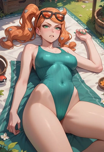 pokemon,sonia_(pokemon),racerback swimsuit,striped trim,name tag patch  - AI generated anime art