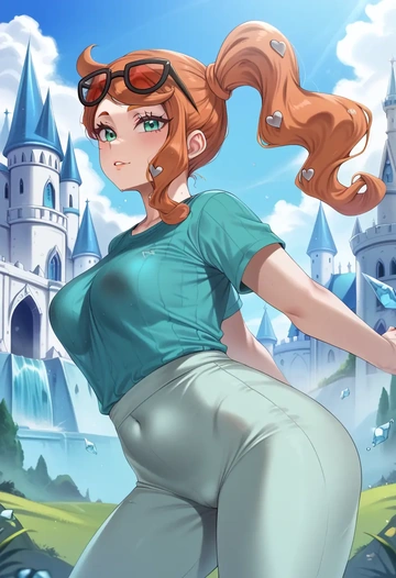 pokemon,sonia_(pokemon),running shirt,shorts,sneakers  - AI generated anime art