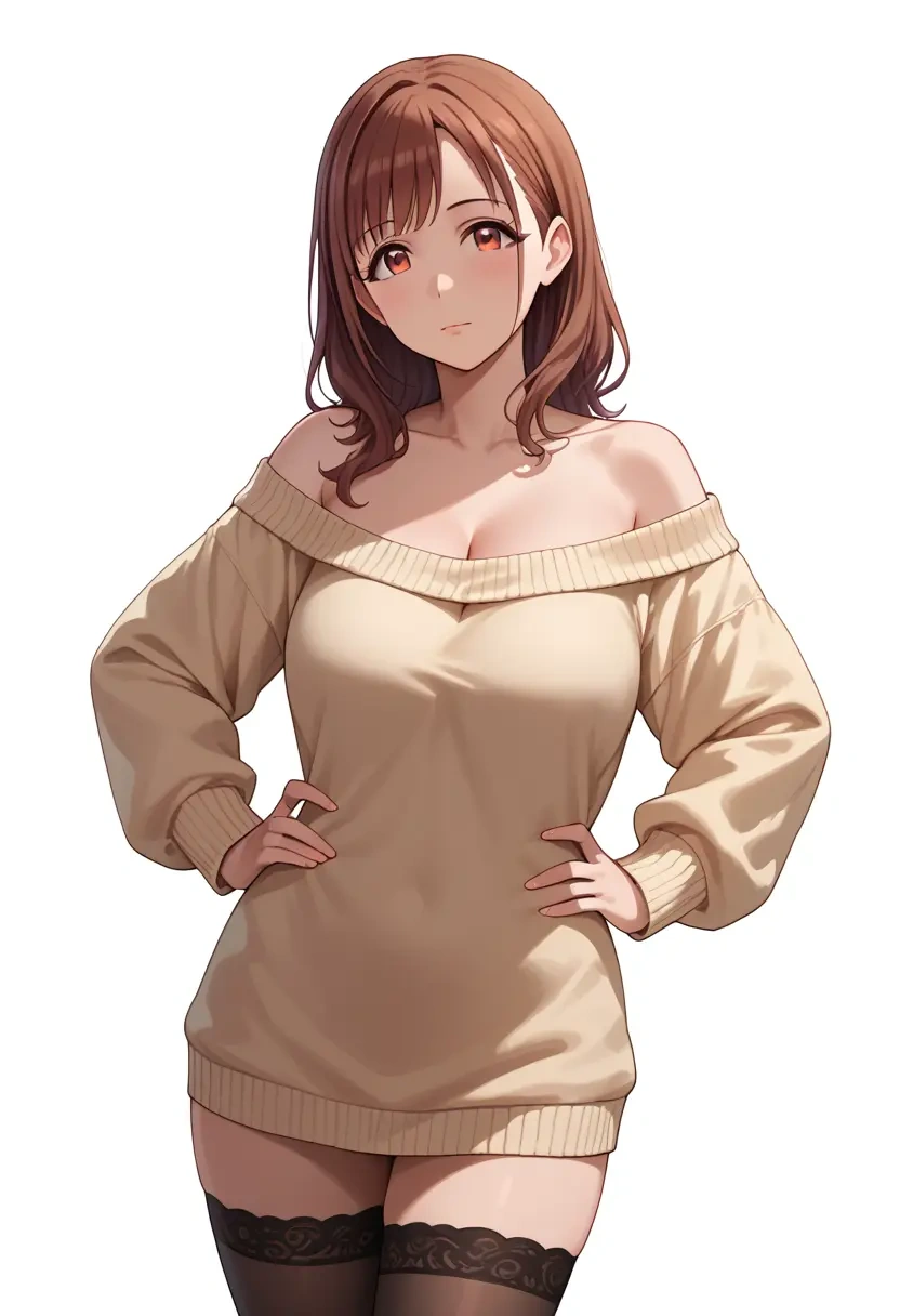 idolmaster,sonoda_chiyoko,Hands on hips,off-shoulder,sweater,stockings  - 