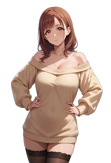 idolmaster,sonoda_chiyoko,Hands on hips,off-shoulder,sweater,stockings  - AI generated anime art