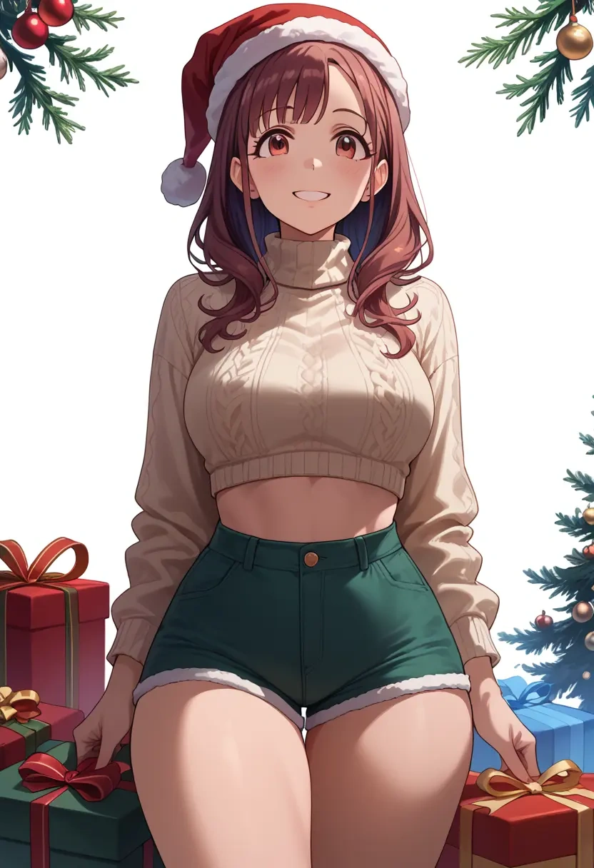 idolmaster,sonoda_chiyoko,Christmas,red velvet shorts,turtleneck sweater  - 