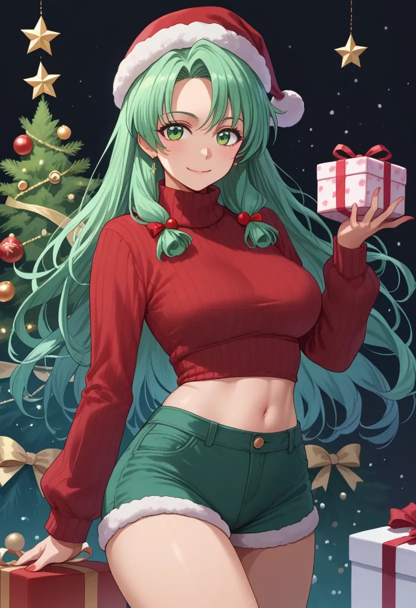 higurashi_no_naku_koro_ni,sonozaki_mion,Christmas,red velvet shorts,turtleneck sweater  - 