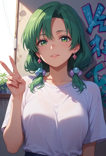 higurashi_no_naku_koro_ni,sonozaki_mion,silk graffiti shirt,dolphin shorts  - AI generated anime art