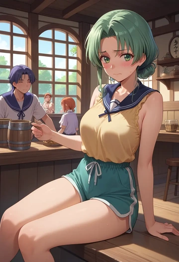 higurashi_no_naku_koro_ni,sonozaki_mion,sleeveless swim top,shorts-style bottom,contrast stitching  - AI generated anime art