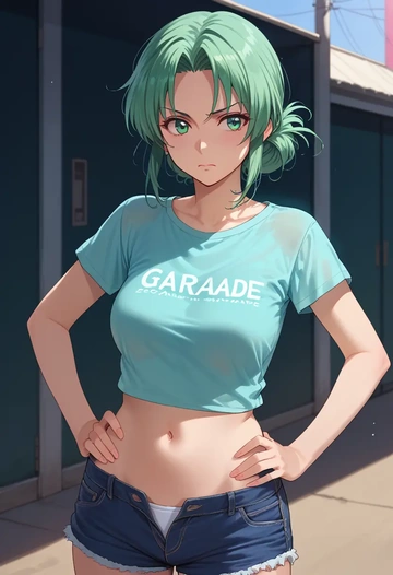 higurashi_no_naku_koro_ni,sonozaki_shion,denim shorts  - AI generated anime art