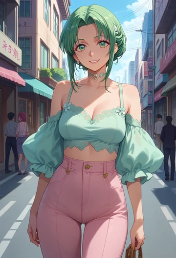 higurashi_no_naku_koro_ni,sonozaki_shion,pants,wide-leg,strappy top  - AI generated anime art