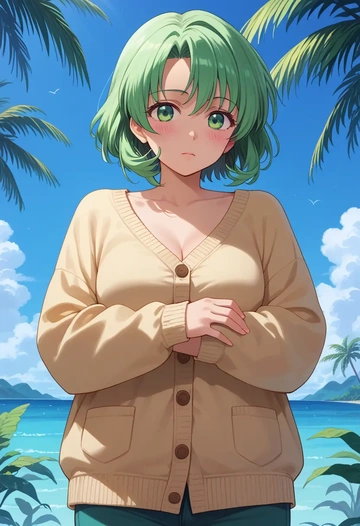 higurashi_no_naku_koro_ni,sonozaki_shion,cardigan,oversized,wide-leg pants  - AI generated anime art