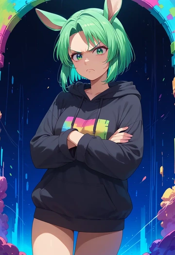 higurashi_no_naku_koro_ni,sonozaki_shion,oversized graphic hoodie,thigh-high socks,shorts  - AI generated anime art