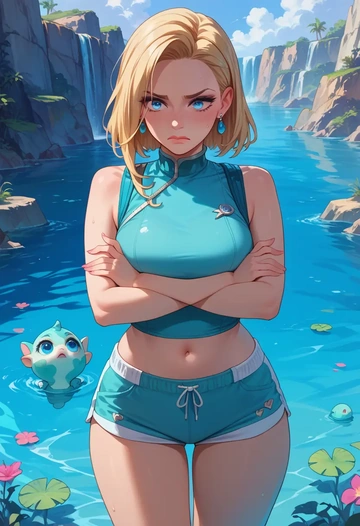 kill_me_baby,sonya_(kill_me_baby),sleeveless swim top,shorts-style bottom,contrast stitching  - AI generated anime art