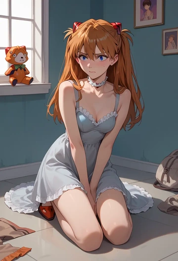 neon_genesis_evangelion,souryuu_asuka_langley,haunted doll dress,lace gloves,ribbon choker  - AI generated anime art