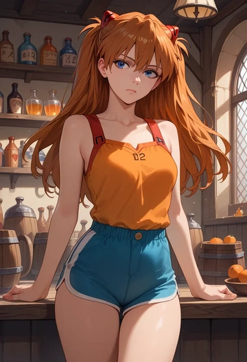 neon_genesis_evangelion,souryuu_asuka_langley,sleeveless swim top,shorts-style bottom,contrast stitching  - AI generated anime art