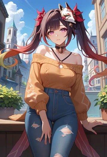 star rail,sparkle,sweater,off-shoulder,ripped jeans  - AI generated anime art