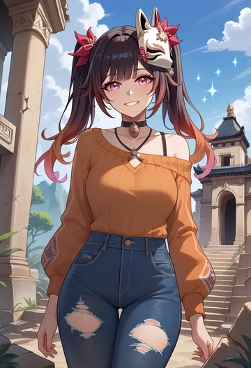 star rail,sparkle,sweater,off-shoulder,ripped jeans  - AI generated anime art