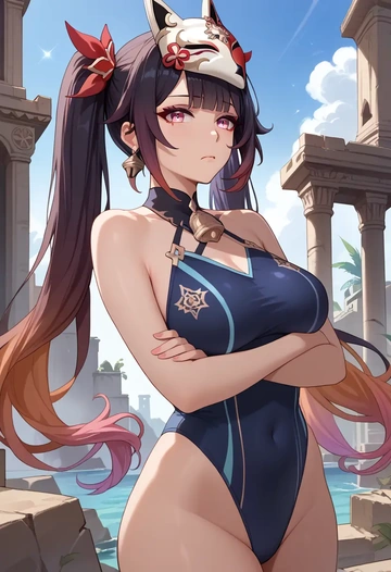 star rail,sparkle,racerback swimsuit,striped trim,name tag patch  - AI generated anime art