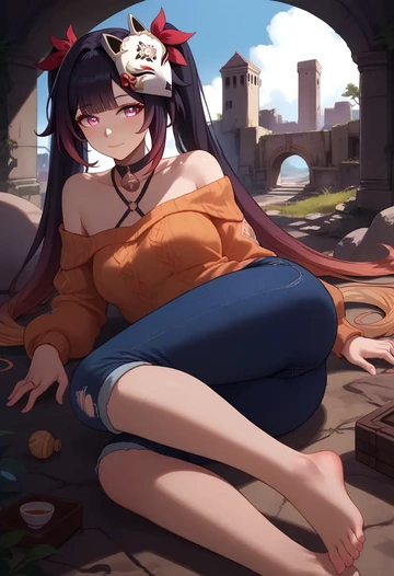 star rail,sparkle,sweater,off-shoulder,ripped jeans  - AI generated anime art