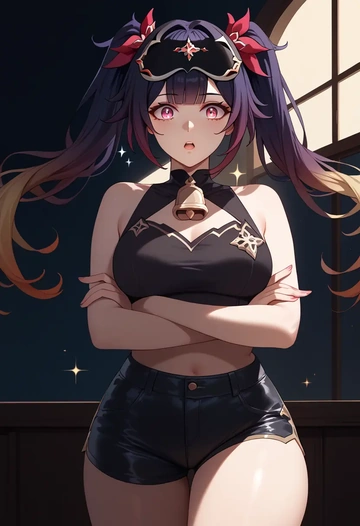 star rail,sparkle,leather,shorts,crop top  - AI generated anime art