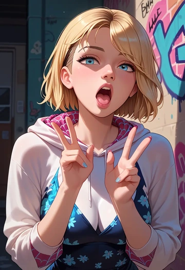 marvel,spider_gwen,floral graffiti blouse,dolphin shorts  - AI generated anime art