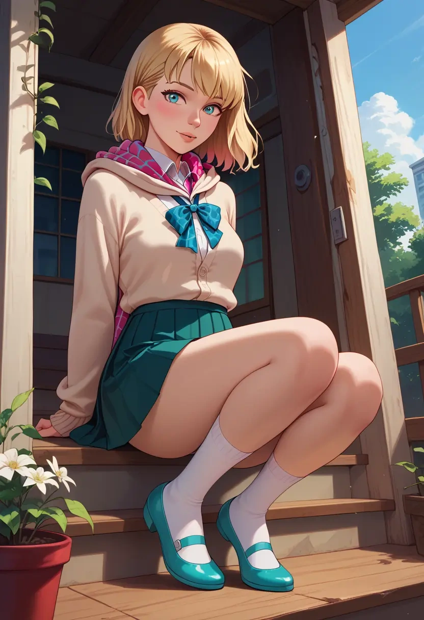 marvel,spider_gwen,spring,student uniform,light cardigan  - 